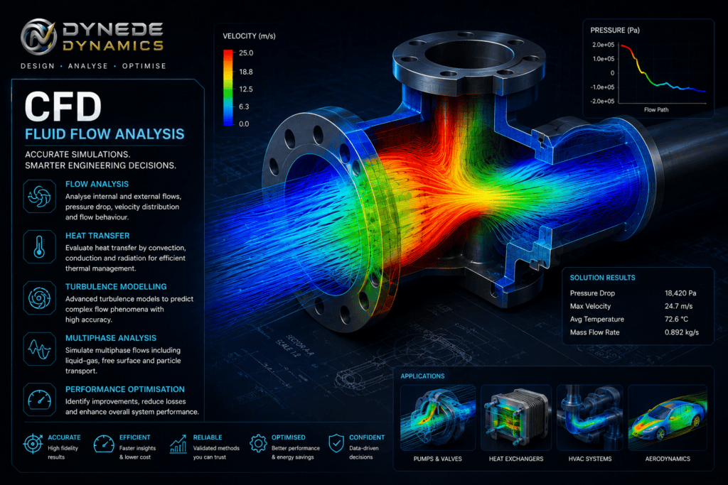 Computational fluid dynamics simulation showing fluid flow, pressure and thermal behaviour through a mechanical flow component