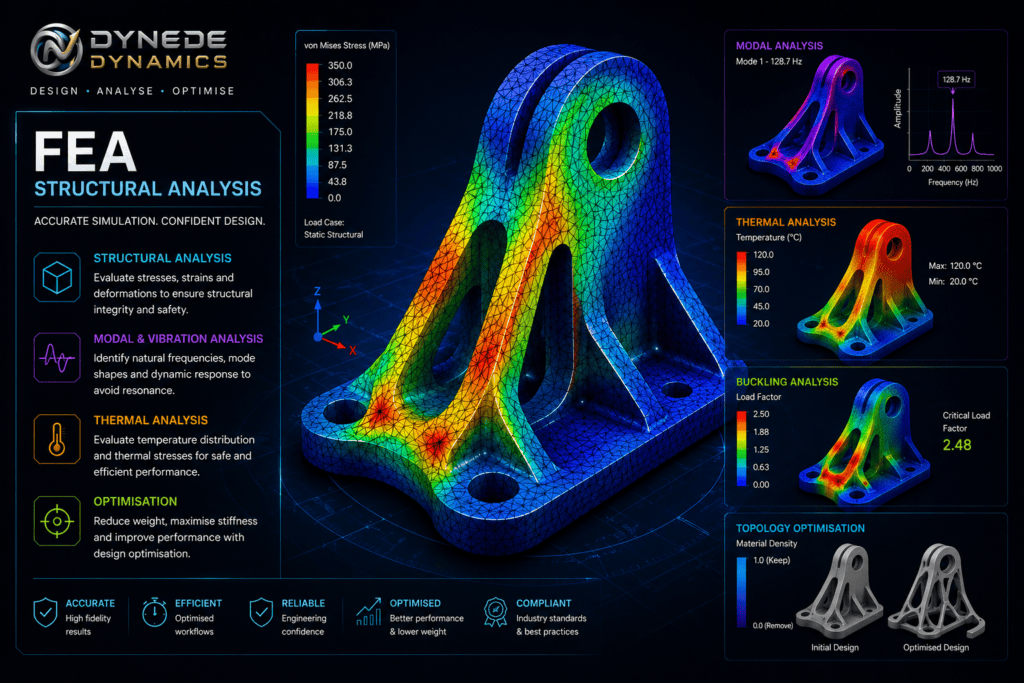 Finite element analysis of a mechanical bracket showing structural stress and deformation results
